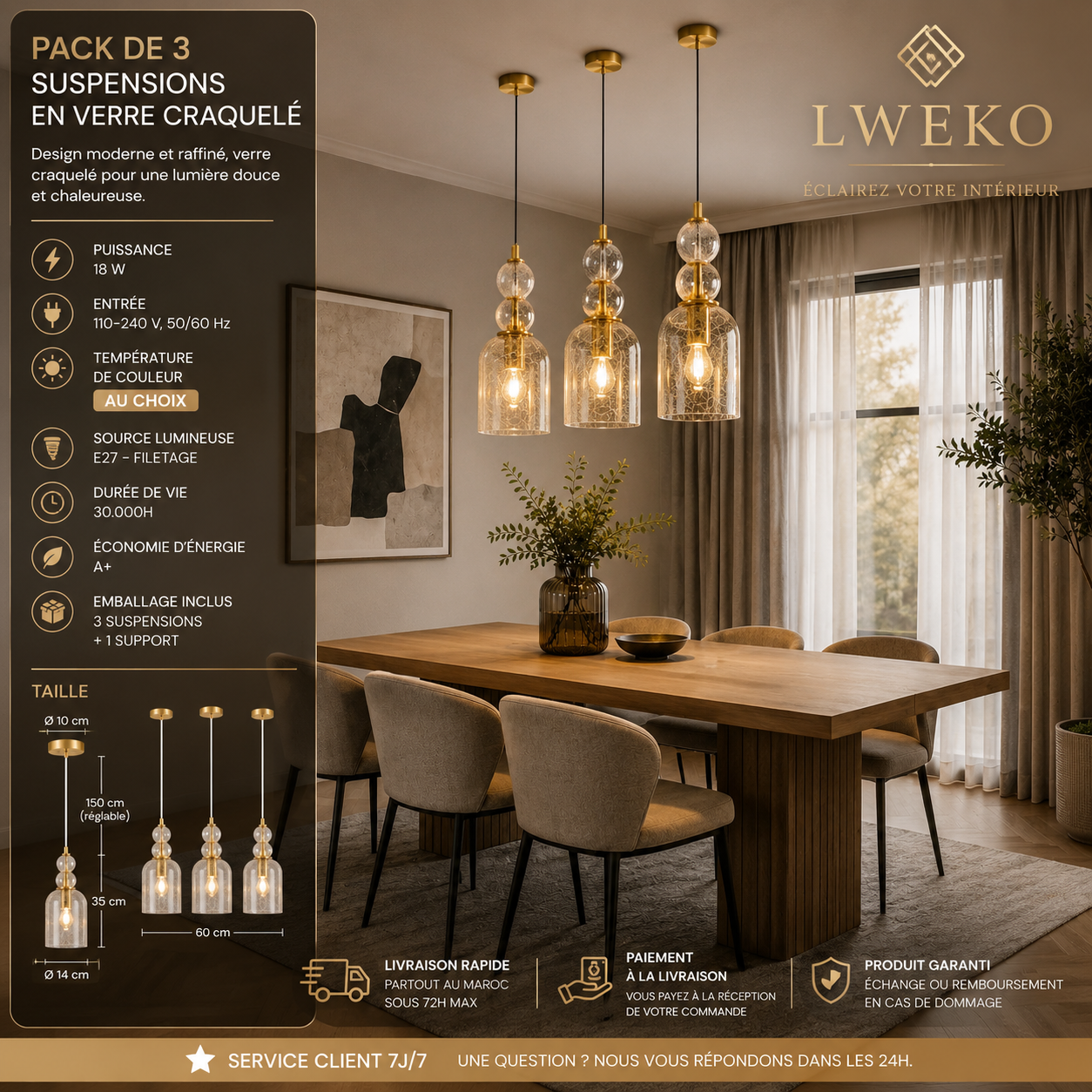 Pack de 3 Suspensions Design en Verre Champagne