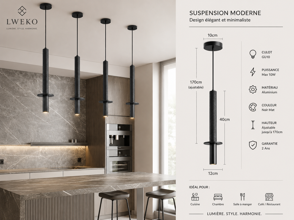 Suspension PERRY  tubulaire en travertin naturel noir