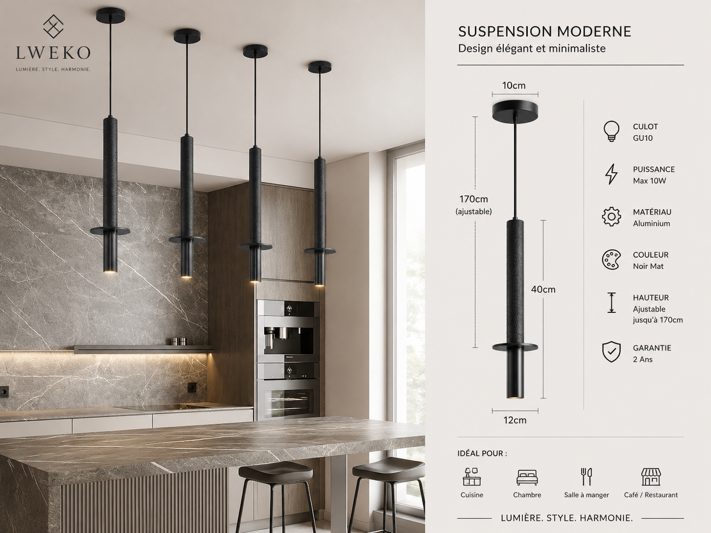 Suspension PERRY  tubulaire en travertin naturel noir