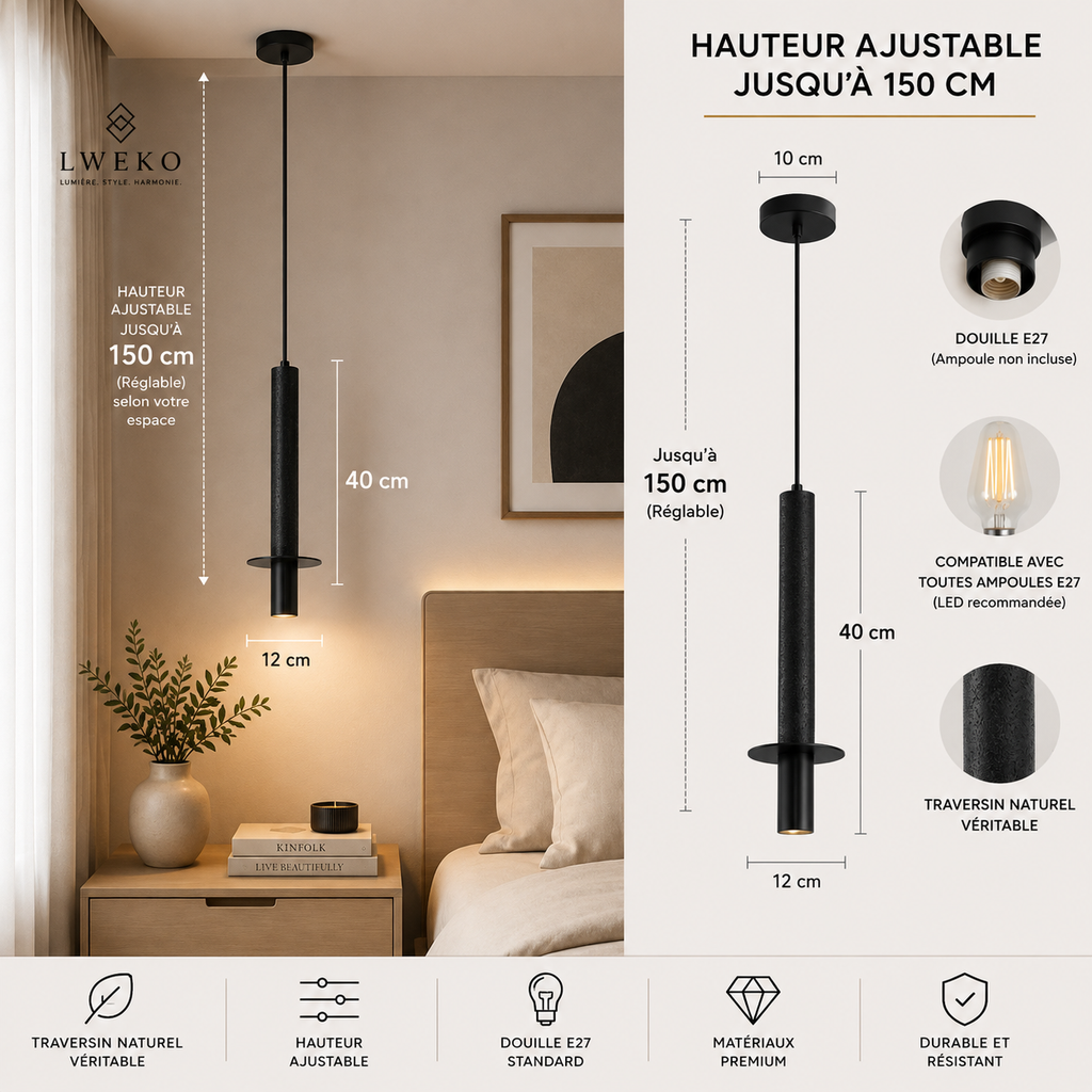 Suspension PERRY  tubulaire en travertin naturel noir