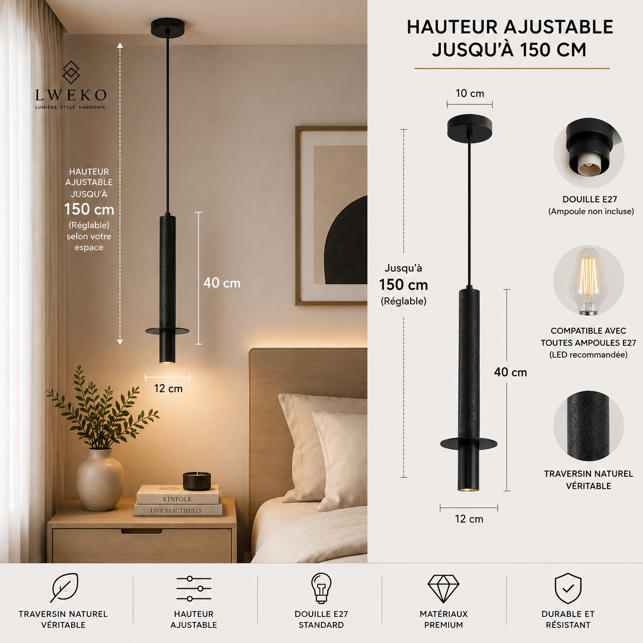 Suspension PERRY  tubulaire en travertin naturel noir