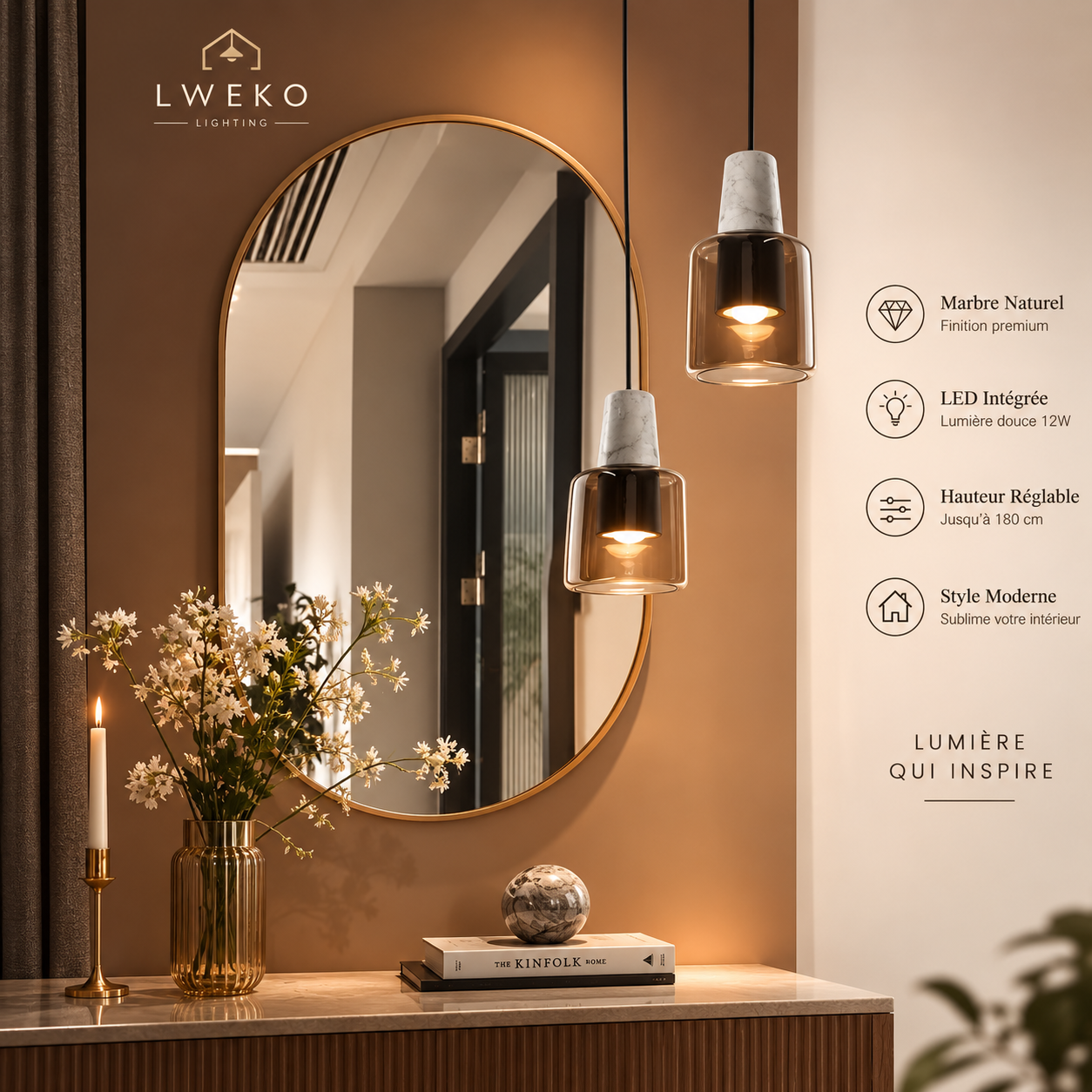 Suspension Glass en marbre naturel et verre champagne