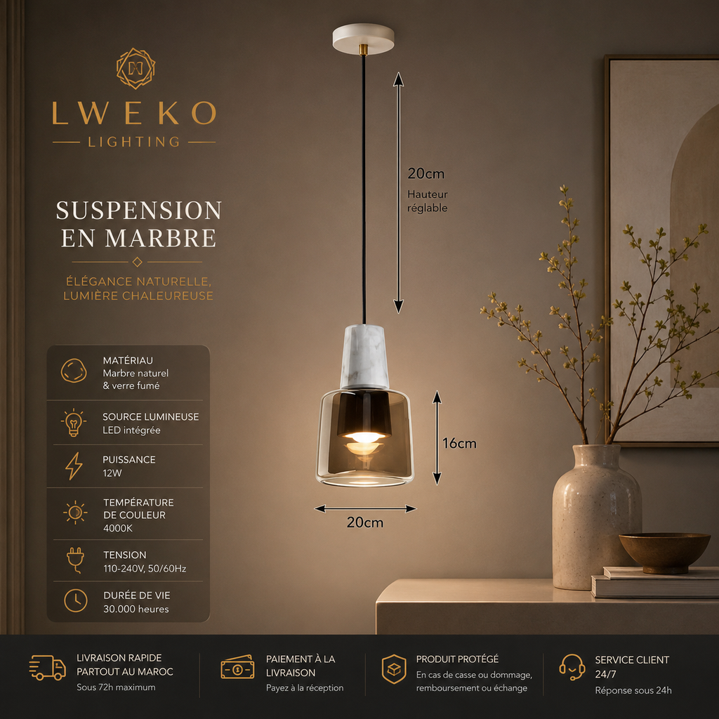 Suspension Glass en marbre naturel et verre champagne