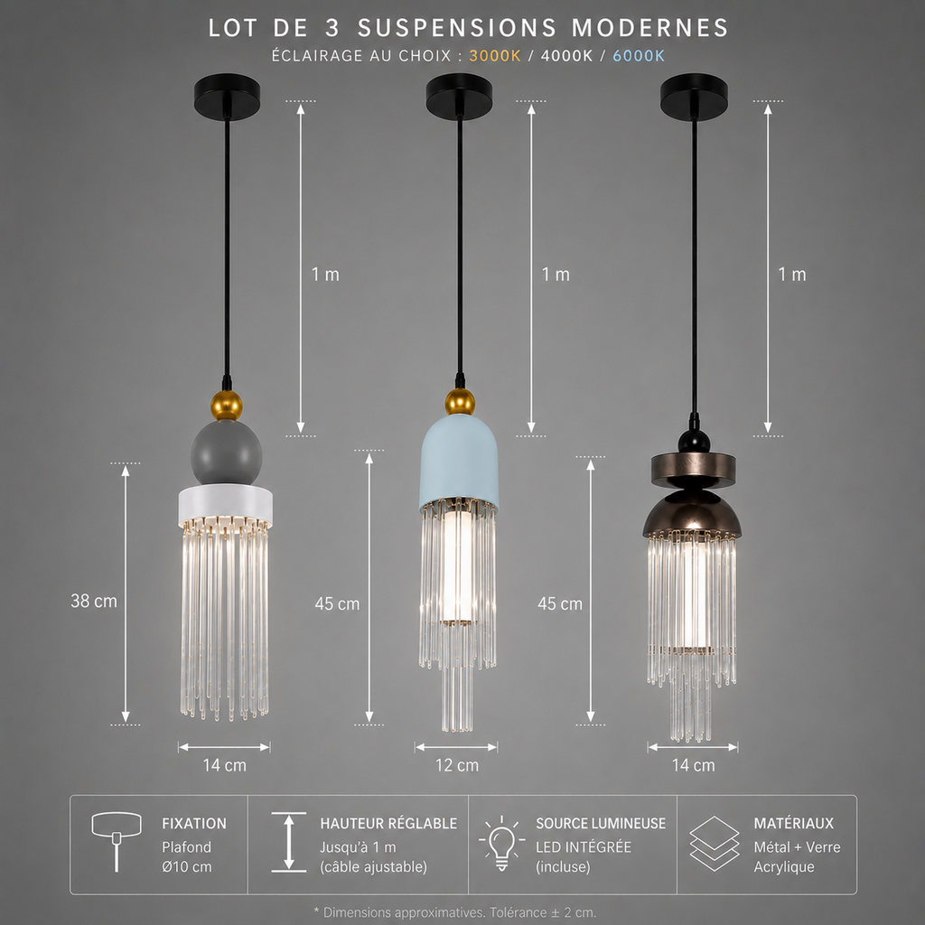 Pack de 3 suspensions Totem en verre ficelé